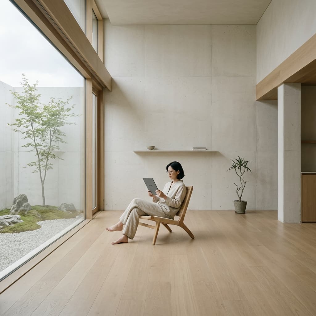 A minimalist Japanese-inspired room with a single wooden chair and floor-to-ceiling windows overlooking a zen garden, representing mental clarity through digital minimalism