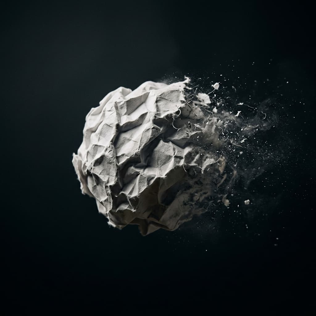 A piece of white paper crumbling and dissolving into dust, symbolizing how destroying thoughts can bring emotional relief and psychological closure